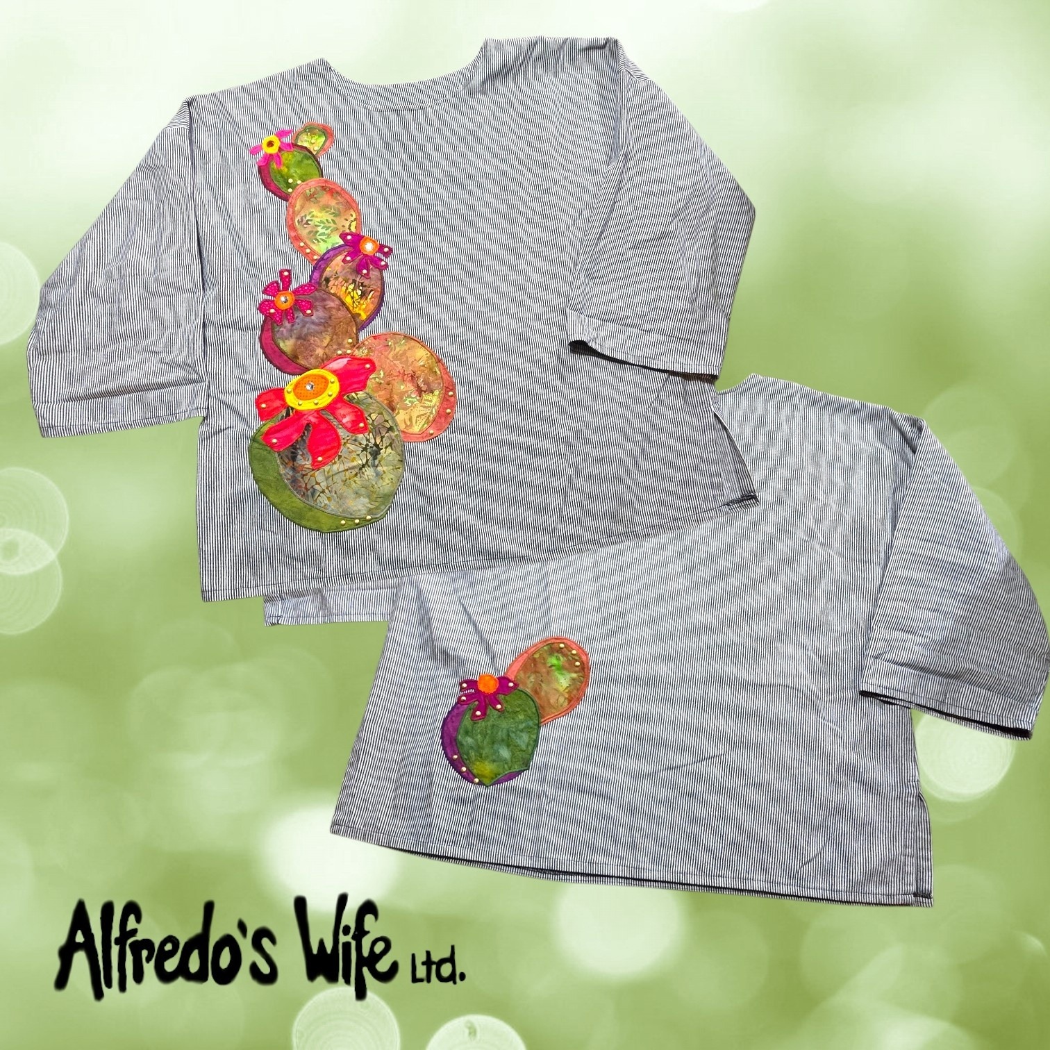 Alfredo's Wife Womens Cactus Applique Ticking Stripe Art To Wear Top Blue L